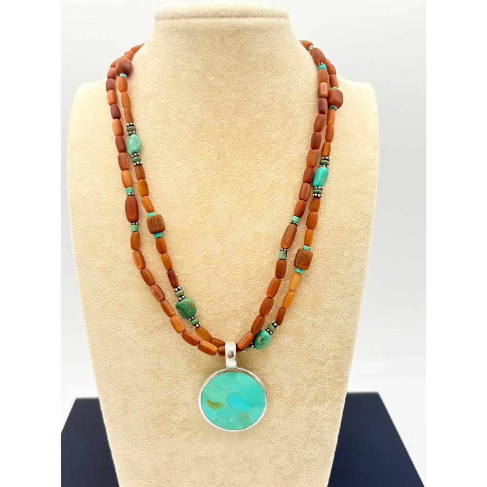 Vintage SX 925 Thailand Genuine Turquoise & Petrified Wood? (agate) Necklace
